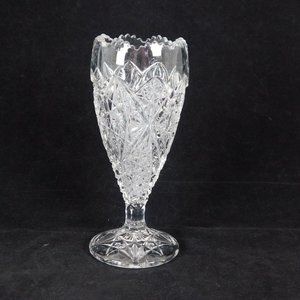 Brilliant Clear Pressed Glass Footed Bud Vase Star Bottom Sawtooth Edge 6” High